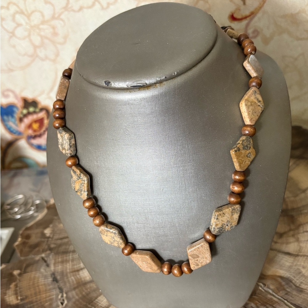 Desert Jasper Natural Stone Beaded Sterling Silver Necklace